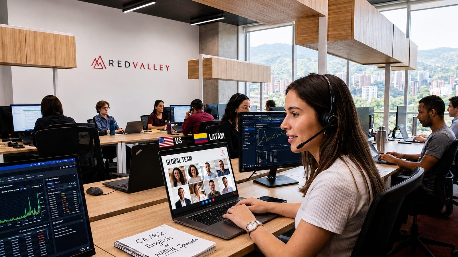 A bilingual professional on a call with a US team from the Red Valley office